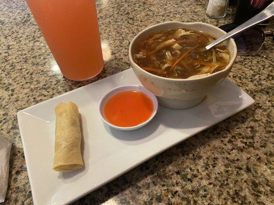 Lunch special appetizer; egg roll, egg roll sauce and hot & sour soup w/pink lemonade