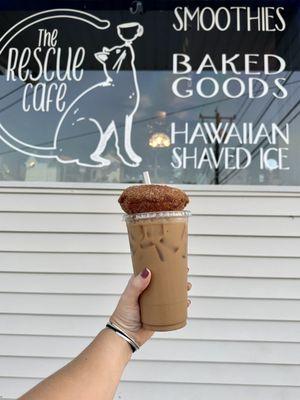 Specialty iced coffee from October and a pumpkin donut