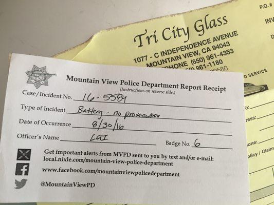 The police report because of Kevin's manhandling