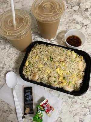 Shrimp fried rice and milk tea