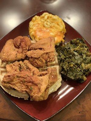 Chicken & waffles, mac & cheese and greens