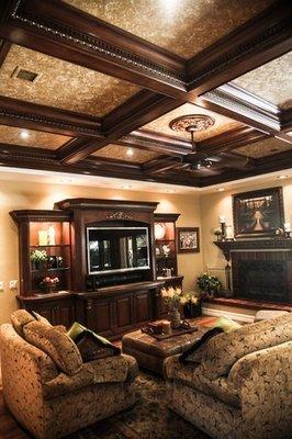 interior entertaining spaces, custom beams, custom cabinets, fireplaces