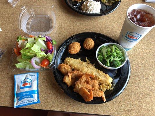 Fish and shrimp with two sides and a drink!