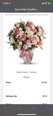 This is the bouquet that was advertised on line.  The picture shows a beautiful full arrangement, in a nice vase.