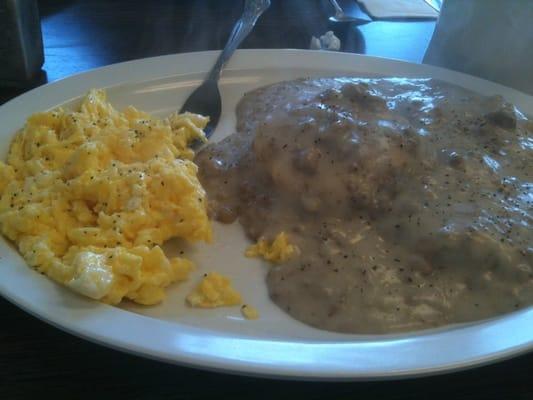 Biscuits and sausage gravy with scrambled eggs