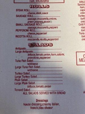 Rolls and salad menu