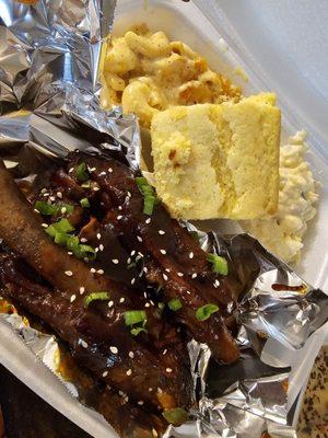 Ribs, cornbread,  Mac and cheese, potato salad