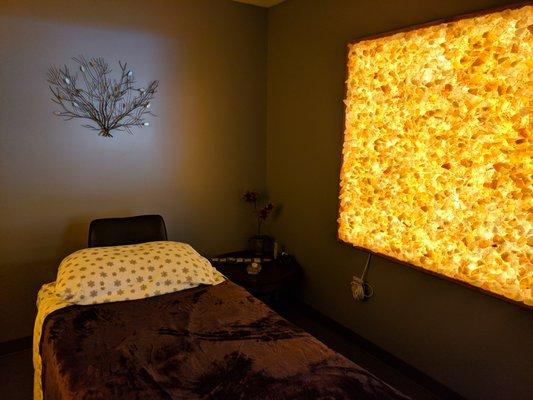 each treatment room has Himalayan Salt panels to help with relaxation and air quality