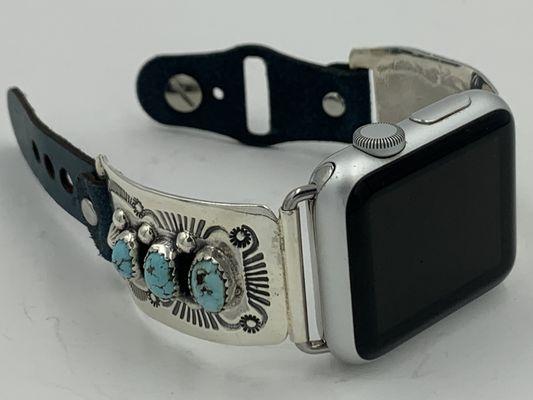 Ronnie Spencer Unisex Turquoise and Sterling Silver Apple Watch band with black universal leather band