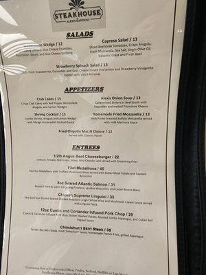 Steakhouse menu