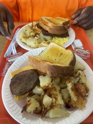 2 eggs with livermush home fries and toast 2 eggs with sausage home fries and toast