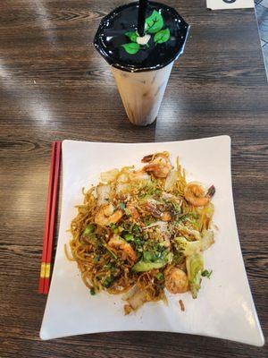 Chowmein Fried Noddle-Shrimp and Vietnamese Ice Coffee