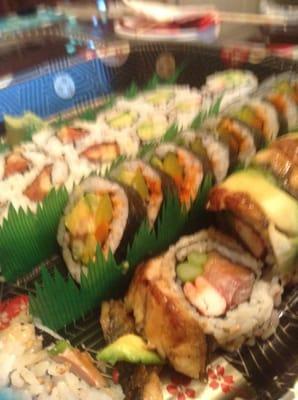 Not the best pic but hot tuna roll,cali roll,futamaki, and BR roll