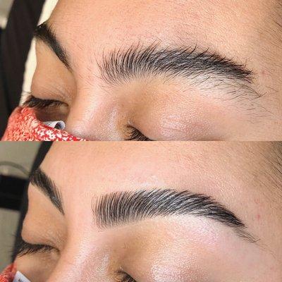 Brow Lamination (includes brow shaping/wax) before & after by Ilene.