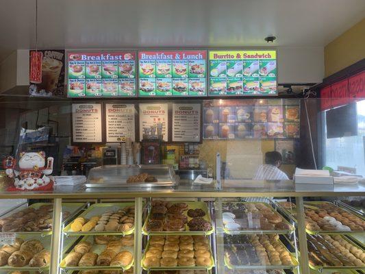 Front of the store, delicious donuts.