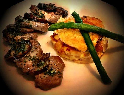 Pork Medallions with Marsala Sauce and Potatoes Au Gratin