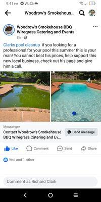 Customer before and after on a green pool cleanup..plus some nice words left from the customer