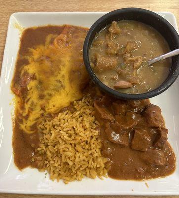 Texas Plate: 2 Cheese Enchiladas, Carne Guisada, rice & charro beans.