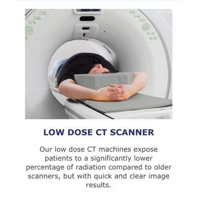 LOW DOSE CT SCANNER

Our low dose CT machines expose patients to a significantly lower percentage of radiation compared to older scanners.