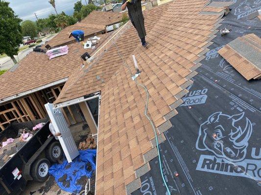 Full roof shingles replacement and leak repairs.