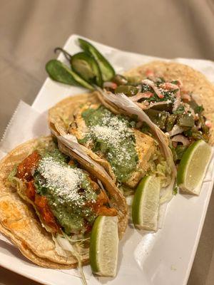 (Left to Right) Spicy Chicken Taco, Tofu Taco, Cactus Taco