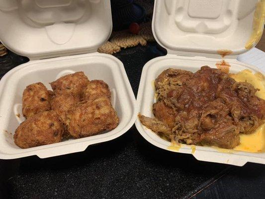 Bacon filled Tater Tots (L) - Bacon filled Tater Tots with cheese and Pulled Pork (R)