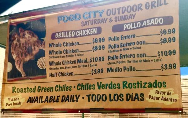 Pollo Asado Grilled Chicken on Saturdays & Sundays. Get a Whole Cooked Chicken, Rice, Beans, Tortillas & Salsa for $11 + Roasted Chiles Too!