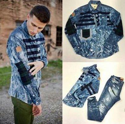 Men's Denim Apparel, Distressed Shirt and Distressed Jeans with Patches