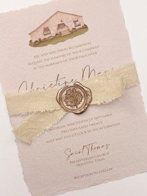 Handmade paper for wedding invitations is always a delicate and elegant idea. Also it's including a custom watercolor painting to the design