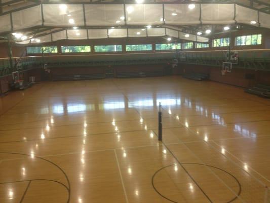 Open gym with walking track above it.