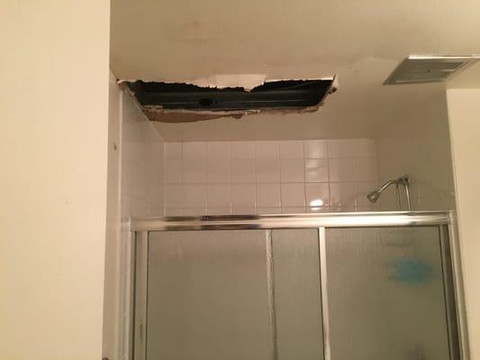 My bathroom had a leak from the unit above so they took some of the ceiling out to let it dry.  They took over 2 months to fix it.