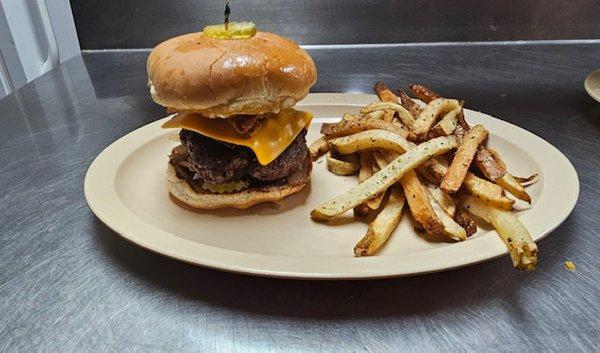 Bacon Cheeseburger w/ fresh cut fries.