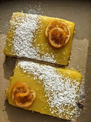 Meyer lemon bars with almond crust and candied lemon. Vegan!