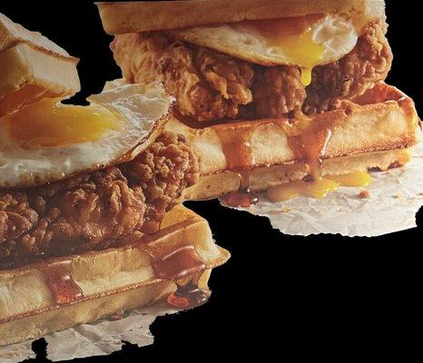 Fried Breaded Chicken & Waffles Breakfast Sandwich