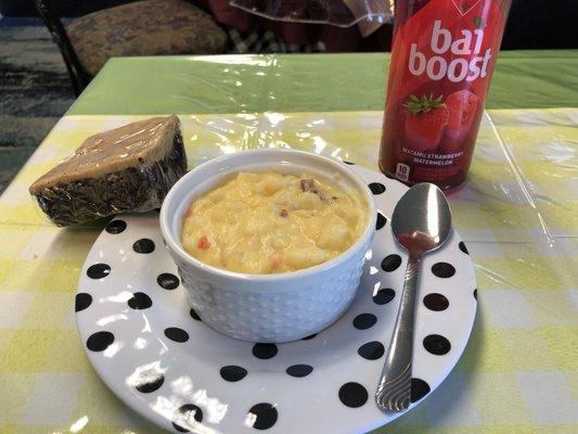 Scratch made potato soup and homemade dessert with nutrition drink.