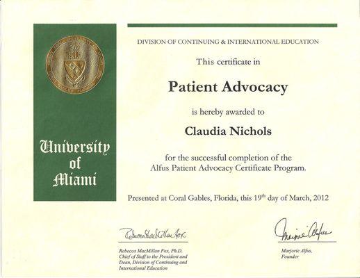 University of Miami Post-Graduate Certificate, Marjorie Alfus Patient Advocate Program