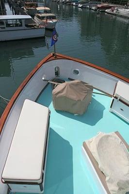 bow deck - installed new plywood decking and fiberglass cloth laid over and painted L.P.