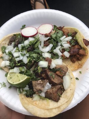 Clockwise from top right- Adobada, carnitas and cabeza