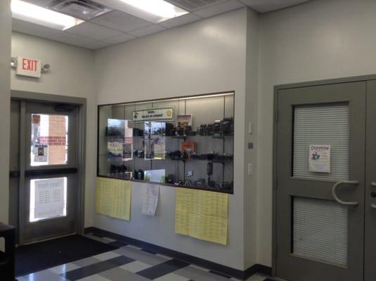 Display case of old cameras