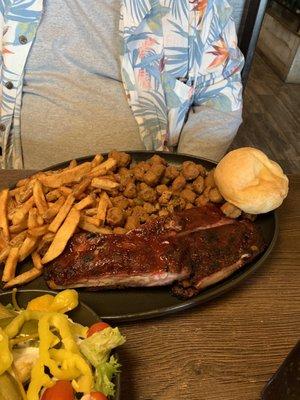 Rib dinner with fried okra, French fries, and salad