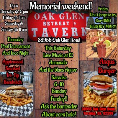 Memorial Day weekend Hours for the Restaurant and Tavern. Live music and karaoke Saturday..