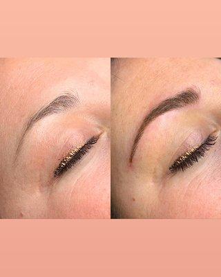 Microblading: creating hair strokes throughout the eyebrow and soft powder fill at the end of the brow.