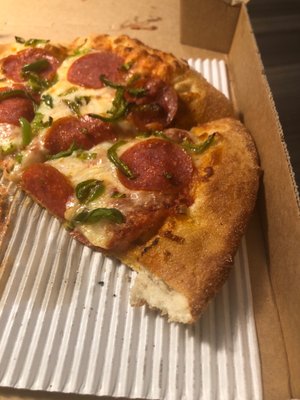 Small, original crust with pepperoni and green peppers, well done