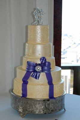 Pearled Buttercream Wedding Cake, with sugar bow, Sugar diamonds, and Cornelli Lace