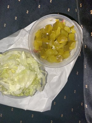 Cubed Pickles and FRESH LETTUCE!! On the side thank god it's not brown and old!!!