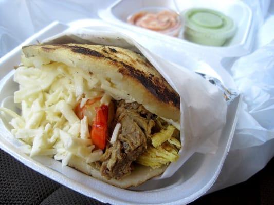 Arepa Con Todo.  Shrimp, marinated steak, chicken, cheese.