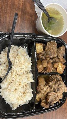 Chicken abobo, pork adobo, garlic rice, sinigag