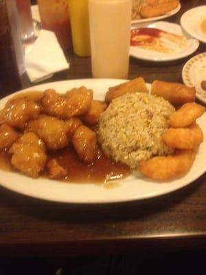 General tso chicken, fried shrimp, pork fried rice, spring roll