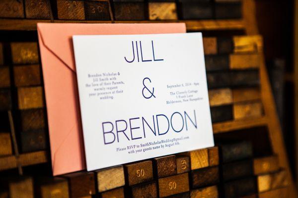 Letterpress Wedding invitation on a thick cotton paper with a salmon color envelope.