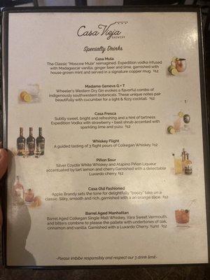 Casa Vieja.  Cocktail menu.